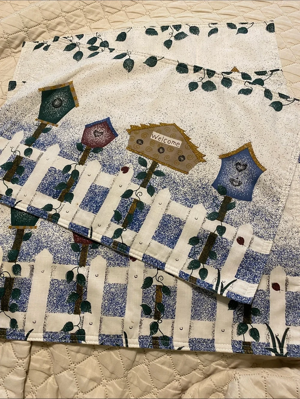 Vintage (Set of 4) Linen Placemats - Bird Houses/Fence/Vines Design